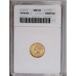1874 G$1 MS63 ANACS. Semi-prooflike luster and pleasin