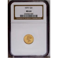 1874 G$1 MS64 NGC. Apricot-gold patina bathes lustrous
