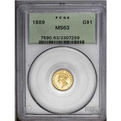 1889 G$1 MS63 PCGS. Intense luster radiates from apric