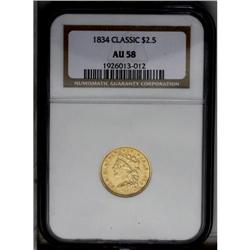 1834 $2 1/2 Classic AU58 NGC. McCloskey-C, Breen-6140,