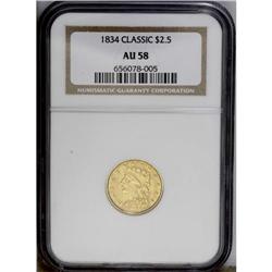 1834 $2 1/2 Classic AU58 NGC. Large Head, Breen-6140,