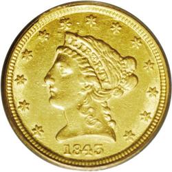 1843-D $2 1/2 Small D AU53 PCGS. Variety 4-F. A radial