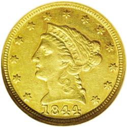 1844-C $2 1/2 AU55 NGC. Variety 6-E. A small emission