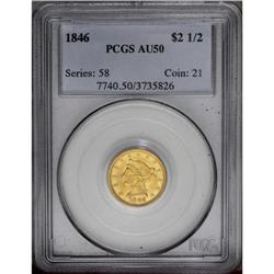 1846 $2 1/2 AU50 PCGS. This crisply struck example fea
