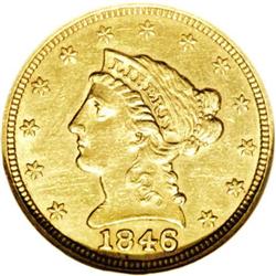 1846 $2 1/2 AU58 NGC. This early P-mint quarter eagle