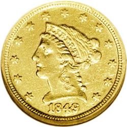 1849-D $2 1/2 AU55 NGC. Variety 11-M. High date with t