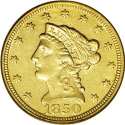 1850-C $2 1/2 AU58 PCGS. Variety 12-G. A lower Conditi