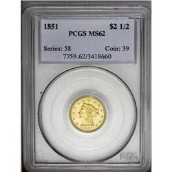 1851 $2 1/2 MS62 PCGS. Peach-gold and lime-green surfa