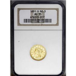 1851-O $2 1/2 AU55 NGC. The date is boldly repunched s