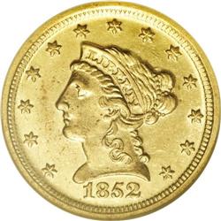 1852-D $2 1/2 AU58 NGC. Variety 15-M. The only variety