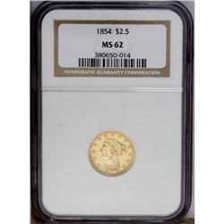 1854 $2 1/2 MS62 NGC. Well-struck and lustrous with fr