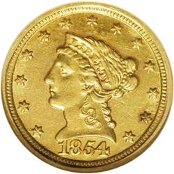 1854-D $2 1/2 AU55 NGC. Variety 17-M. Lemon-gold t