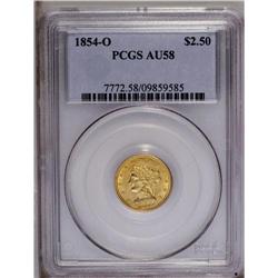 1854-O $2 1/2 AU58 PCGS. This satiny green-gold exampl