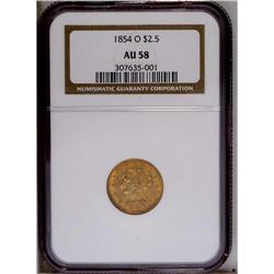 1854-O $2 1/2 AU58 NGC. A fairly common date among ear
