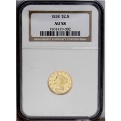 1858 $2 1/2 AU58 NGC. Yellow-gold colored with shimmer