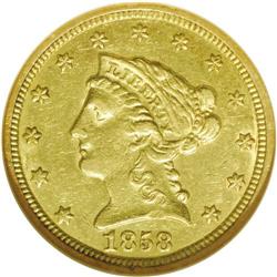 1858-C $2 1/2 AU55 NGC. Variety 18-J. A quick perusal