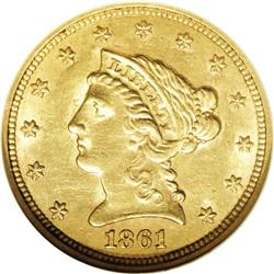 1861 $2 1/2 Old Reverse, Type One AU58 NGC. Beginning