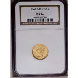 1861 $2 1/2 New Reverse, Type Two MS62 NGC. Bright, lu