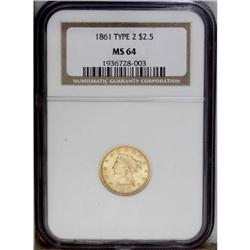 1861 $2 1/2 New Reverse, Type Two MS64 NGC. This examp