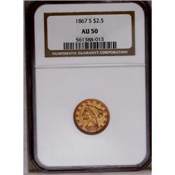 1867-S $2 1/2 AU50 NGC. A scarce issue in all grades.