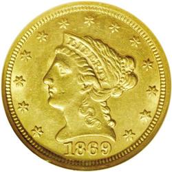 1869-S $2 1/2 AU58 NGC. A typical example with conside