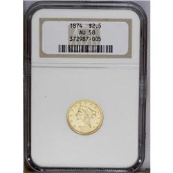1874 $2 1/2 AU58 NGC. This specimen displays full lust