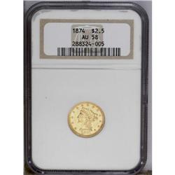1874 $2 1/2 AU58 NGC.From The Steve Glenn Collection.