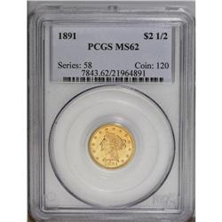 1891 $2 1/2 MS62 PCGS. Lustrous apricot-gold surfaces