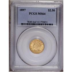 1897 $2 1/2 MS64 PCGS. Pleasing satiny apricot-gold su