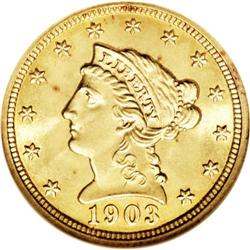 1903 $2 1/2 MS65 NGC. A few small copper-colored tonin