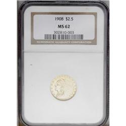 1908 $2 1/2 MS62 NGC. Lustrous peach-gold surfaces are