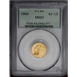 1908 $2 1/2 MS63 PCGS. Pleasing champagne-gold and dee