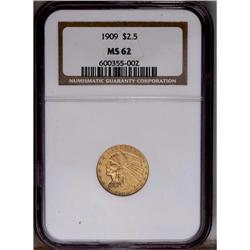 1909 $2 1/2 MS62 NGC. A lustrous coin with a slightly