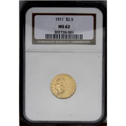 1911 $2 1/2 MS62 NGC. Satiny with pastel green and pin