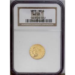 1913 $2 1/2 MS63 NGC. Apricot-gold patina bathes lustr No lot. [BR][BR]Important notice: