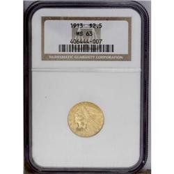 1913 $2 1/2 MS63 NGC. Yellow-gold colored with satiny