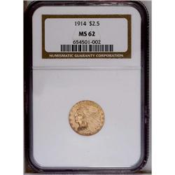1914 $2 1/2 MS62 NGC. Honey-gold surfaces display shar