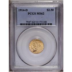 1914-D $2 1/2 MS62 PCGS. Bright, brassy-gold surfaces