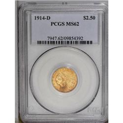 1914-D $2 1/2 MS62 PCGS. Lustrous apricot-gold surface