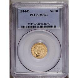 1914-D $2 1/2 MS63 PCGS. Fully lustrous with a yellow-