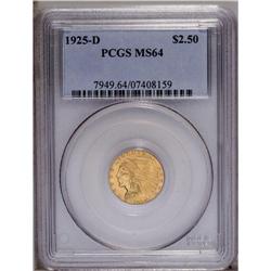 1925-D $2 1/2 MS64 PCGS. Intricately detailed on both