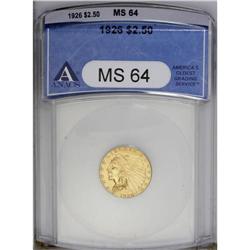 1926 $2 1/2 MS64 ANACS. Yellow-gold colored with satin