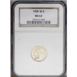 1928 $2 1/2 MS62 NGC. Semi-bright brassy-gold surfaces