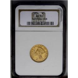 1854 $3 AU55 NGC. The original dusky gold surfaces exh