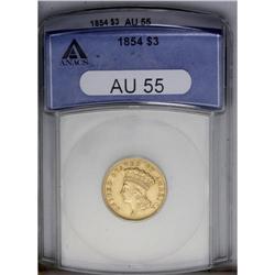 1854 $3 AU55 ANACS. Pretty honey-gold color with deepe
