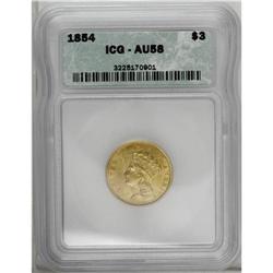 1854 $3 AU58 ICG. Substantial bright luster, pleasing