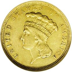 1854-O $3 AU50 NGC. Light green-gold color with splash