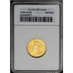 1854-O $3 --Cleaned--ANACS. AU53 Details. An unnaturall