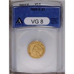 1855-S $3 VG8 ANACS. A pleasing semi-bright, honey-gol