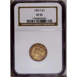 1855-S $3 VF35 NGC. Coppery-gold patination displays w